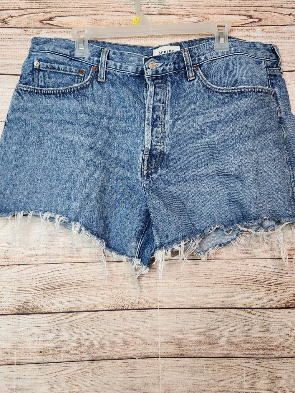 AGOLDE Parker Long Shorts Women's 33 Distressed Denim Cutoff Frayed Raw Hem